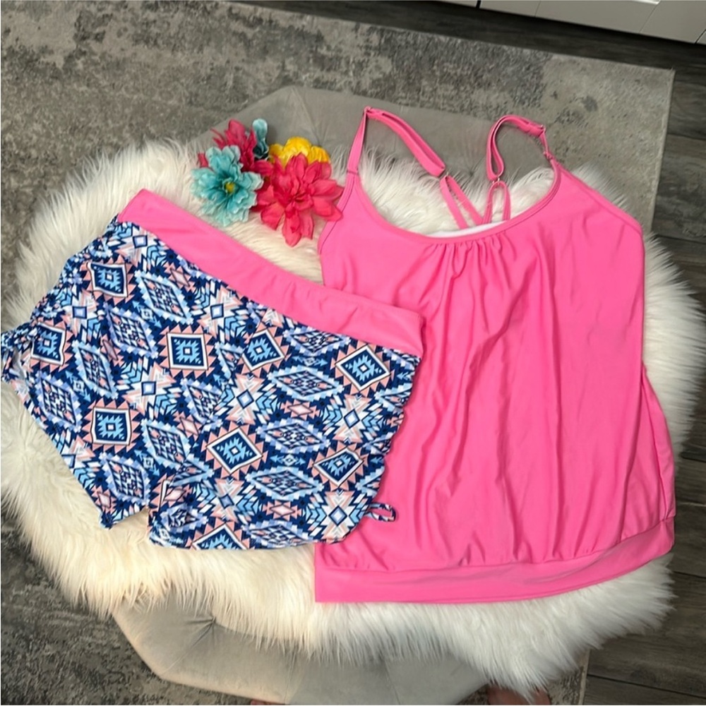 Women’s Pink Tankini Top with Blue Patterned Swim Shorts